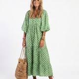 Apolline | Vestido Midi Estampado com Manga Três Quartos e Decote em V