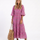 Apolline | Vestido Midi Estampado com Manga Três Quartos e Decote em V
