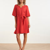 Vestido Elegante A-Line com Decote V e Cinto a Laço | Red