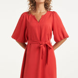 Vestido Elegante A-Line com Decote V e Cinto a Laço | Red
