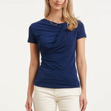Elegante Stretch Top Met Gedrapeerde Halslijn | Navy