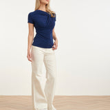 Elegante Stretch Top Met Gedrapeerde Halslijn | Navy