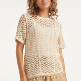 Top de Croché com Mangas Curtas e Detalhes de Conchas | Off White