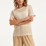 Top de Croché com Mangas Curtas e Detalhes de Conchas | Off White
