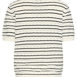 T-Shirt de Malha às Riscas Preto e Off-White com Decote V | Off White - Black