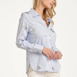 Blusa às Riscas com Flores Bordadas e Lantejoulas | Light Blue - White