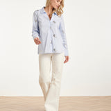 Blusa às Riscas com Flores Bordadas e Lantejoulas | Light Blue - White