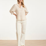 Blusa Feminina às Riscas com Mangas Balão | Dark Sand - Off White