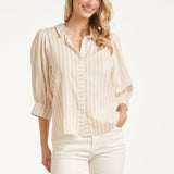 Blusa Feminina às Riscas com Mangas Balão | Dark Sand - Off White