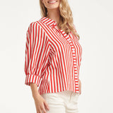 Blusa Feminina às Riscas com Mangas Balão | Red - White