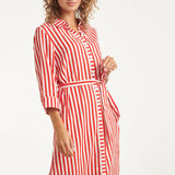 Vestido Maxi às Riscas com Cinto | Red - White
