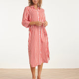 Vestido Maxi às Riscas com Cinto | Red - White