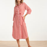 Vestido Maxi às Riscas com Cinto | Red - White