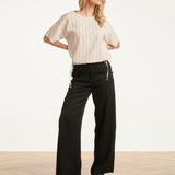 Gestreepte Top Met Ingeweven Structuur En Verstelbare Zoom | Off White - Black