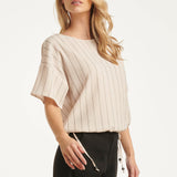 Gestreepte Top Met Ingeweven Structuur En Verstelbare Zoom | Off White - Black
