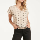 Top com Decote V, Bordado Azteca Gráfico e Mangas Curtas | Off White - Black