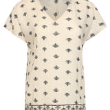 Top com Decote V, Bordado Azteca Gráfico e Mangas Curtas | Off White - Black