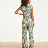 Groene Stretch Jumpsuit Met Bladprint En Ceintuur | Jade - Off White