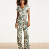 Groene Stretch Jumpsuit Met Bladprint En Ceintuur | Jade - Off White