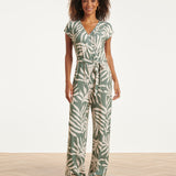 Groene Stretch Jumpsuit Met Bladprint En Ceintuur | Jade - Off White