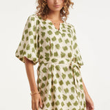 Jurk Met Abstracte Groene Dieren Print En Ceintuur | Army - Off White