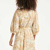 Vestido com Estampado Floral Bege em Tecido Travel | Off White - Dark Sand