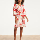 Vestido com Estampado de Flores Vermelhas em Tecido Travel | White - Red