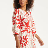 Vestido com Estampado de Flores Vermelhas em Tecido Travel | White - Red