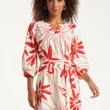 Vestido com Estampado de Flores Vermelhas em Tecido Travel | White - Red