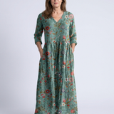 Marina | Vestido Longo Floral com Decote em V e Manga Três Quartos