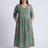 Marina | Vestido Longo Floral com Decote em V e Manga Três Quartos