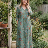 Marina | Vestido Longo Floral com Decote em V e Manga Três Quartos