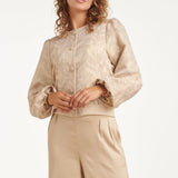 Casaco Curto com Estampado de Folhas e Botões Decorativos | Dark Sand - Gold