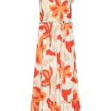 Lange Jurk Met Oranje En Beige Bloem Print En Taillekoord | Sand - Muticolour