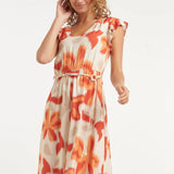 Lange Jurk Met Oranje En Beige Bloem Print En Taillekoord | Sand - Muticolour