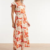 Lange Jurk Met Oranje En Beige Bloem Print En Taillekoord | Sand - Muticolour