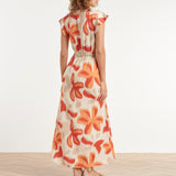 Lange Jurk Met Oranje En Beige Bloem Print En Taillekoord | Sand - Muticolour