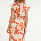 Lange Jurk Met Oranje En Beige Bloem Print En Taillekoord | Sand - Muticolour