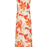 Lange Jurk Met Oranje En Beige Bloem Print En Taillekoord | Sand - Muticolour