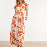Lange Jurk Met Oranje En Beige Bloem Print En Taillekoord | Sand - Muticolour