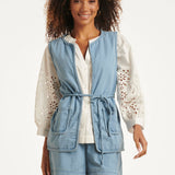 Lichtblauw Denim Look Gilet Met Ceintuur | Denim