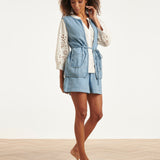 Lichtblauw Denim Look Gilet Met Ceintuur | Denim