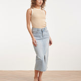 Lichtblauwe Denim Midi Rok Met Split | Denim
