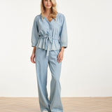 Top Azul Claro com Cruzado e Cordão na Cintura | Denim