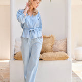 Calças Wide Leg Azul Claro com Cordão | Denim