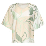 Losse Top met Groene en Beige Bladprint en V-Hals | Soft Green - Muticolour