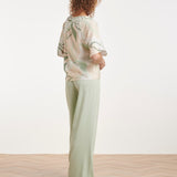 Losse Top met Groene en Beige Bladprint en V-Hals | Soft Green - Muticolour