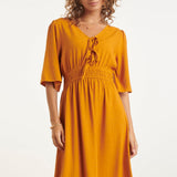 Vestido Midi de Linho Leve com Cordão | Mustard