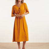 Vestido Midi de Linho Leve com Cordão | Mustard