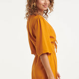 Vestido Midi de Linho Leve com Cordão | Mustard